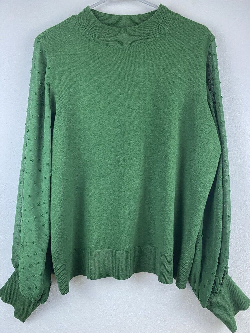 NWT Vince Camuto Cece Sz XL Green Wms Mock Neck Clip Dot Sheer Balloon Slv Swtr - Picture 1 of 11